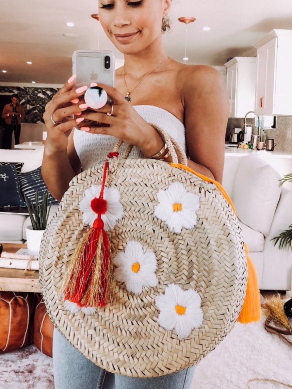 Moroccan Straw Woven Tote Bag - Floral Embroidery